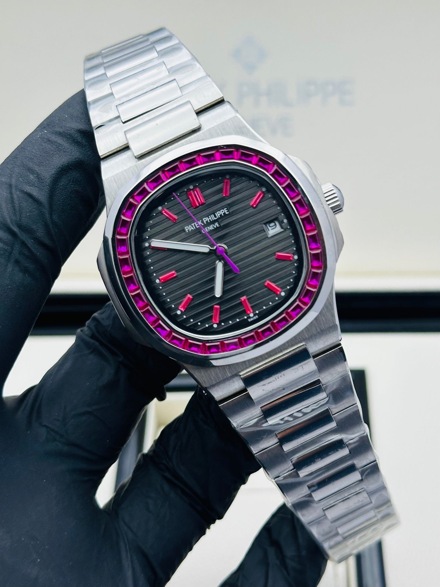 PATEK PHILLIPE RUBY STONES MODEL IN SILVER CHAIN AUTOMATIC