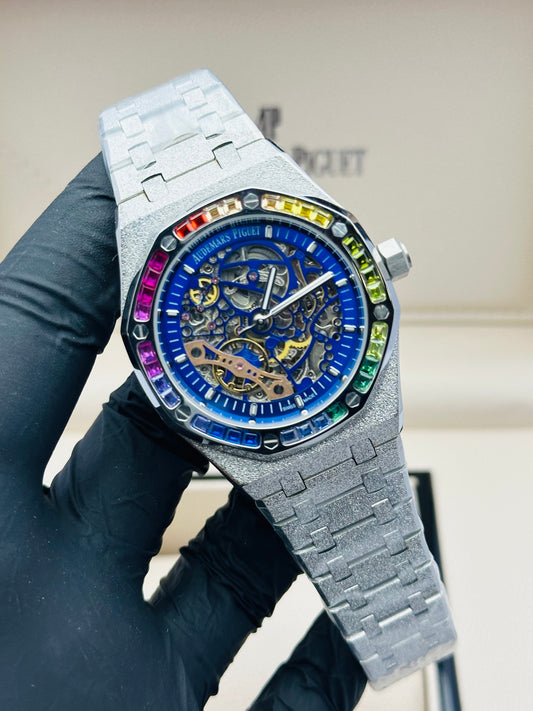 AP SKELETON RAINBOW STONES IN SILVER FROSTED CHAIN AUTOMATIC