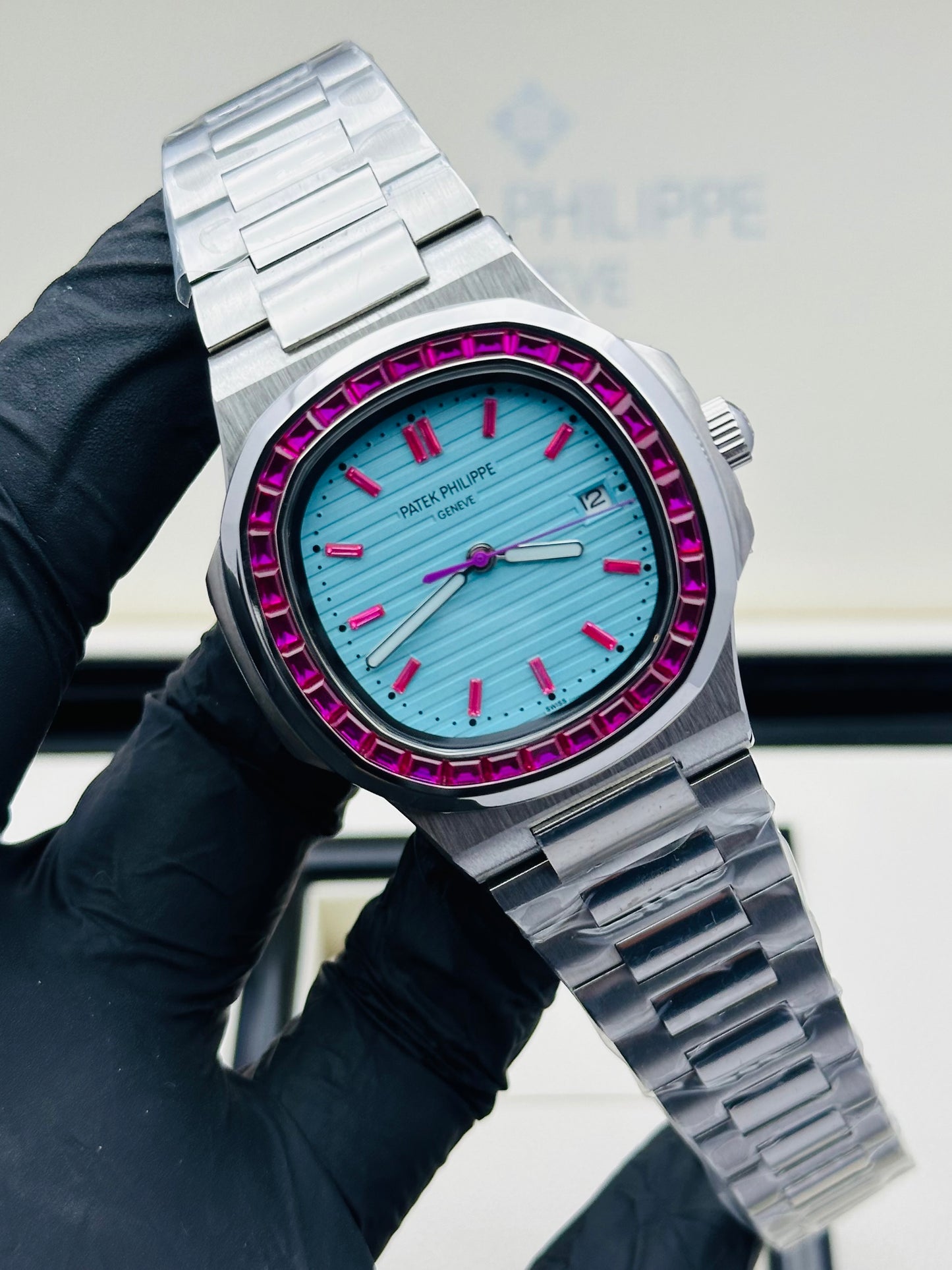 PATEK PHILLIPE RUBY STONES MODEL IN SILVER CHAIN AUTOMATIC