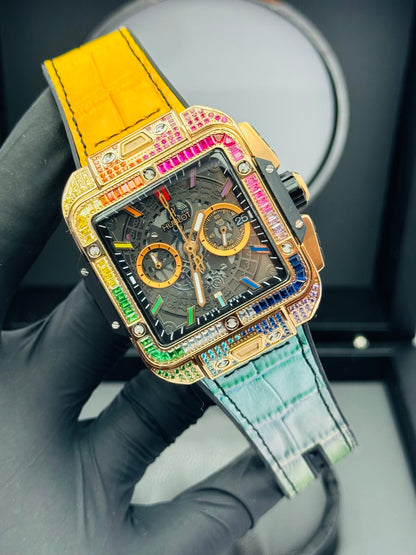 HUBLOT SQUARE SHAPE RAINBOW STONES EDITION IN PVC STRAPS