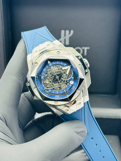 HUBLOT BIG BANG SANG BLEU II BLUE WITH SILVER COMBO QUARTZ WITH STOPWATCH FUNCTION