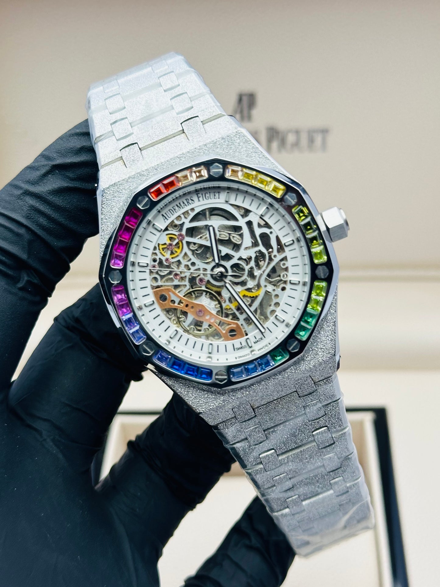AP SKELETON RAINBOW STONES IN SILVER FROSTED CHAIN AUTOMATIC
