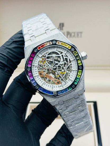 AP SKELETON RAINBOW STONES IN SILVER FROSTED CHAIN AUTOMATIC