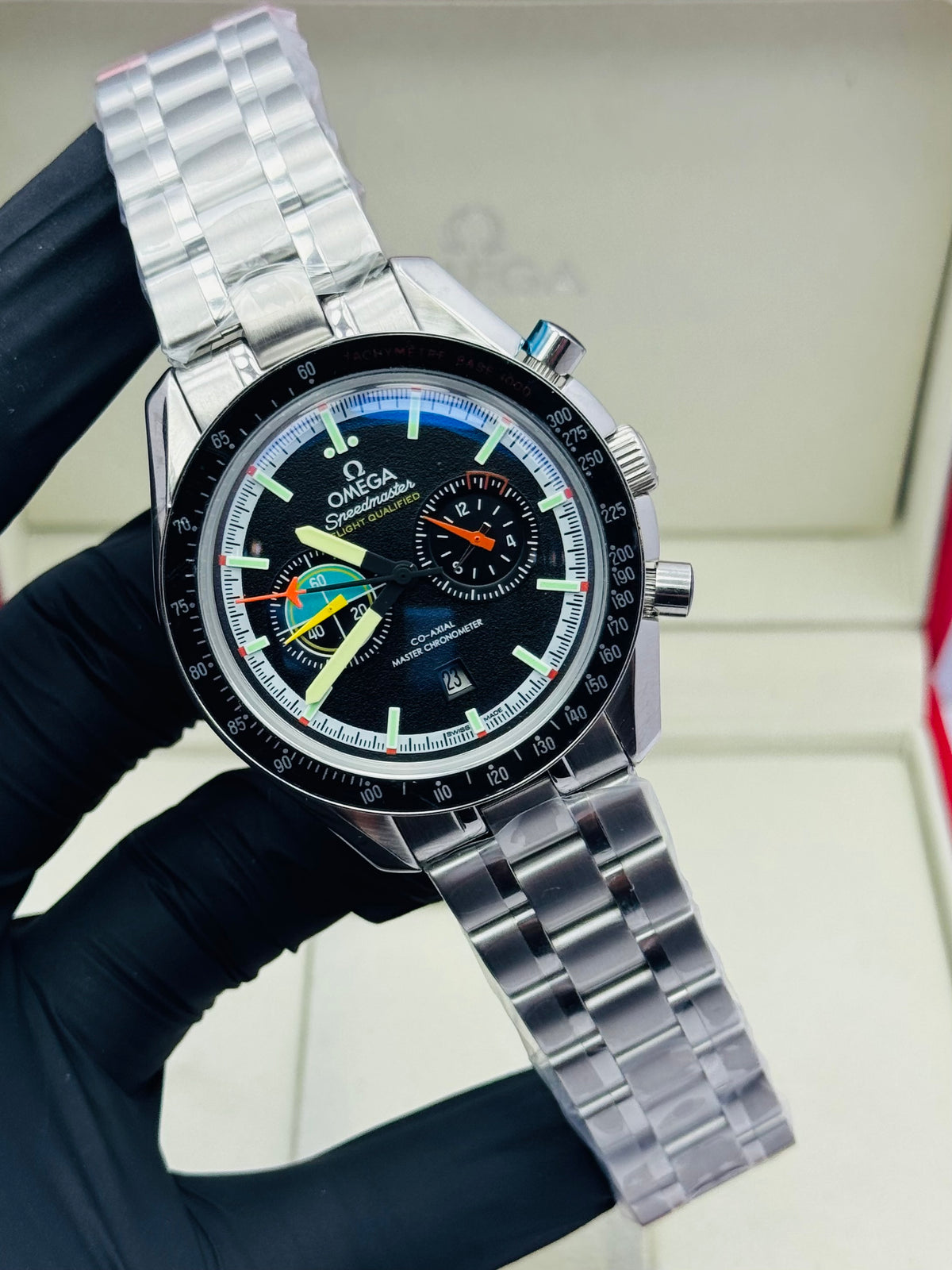 OMEGA SPEEDMASTER AUTOMATIC DOUBLE CHRONOGRAPHIC MODEL IN CHAIN