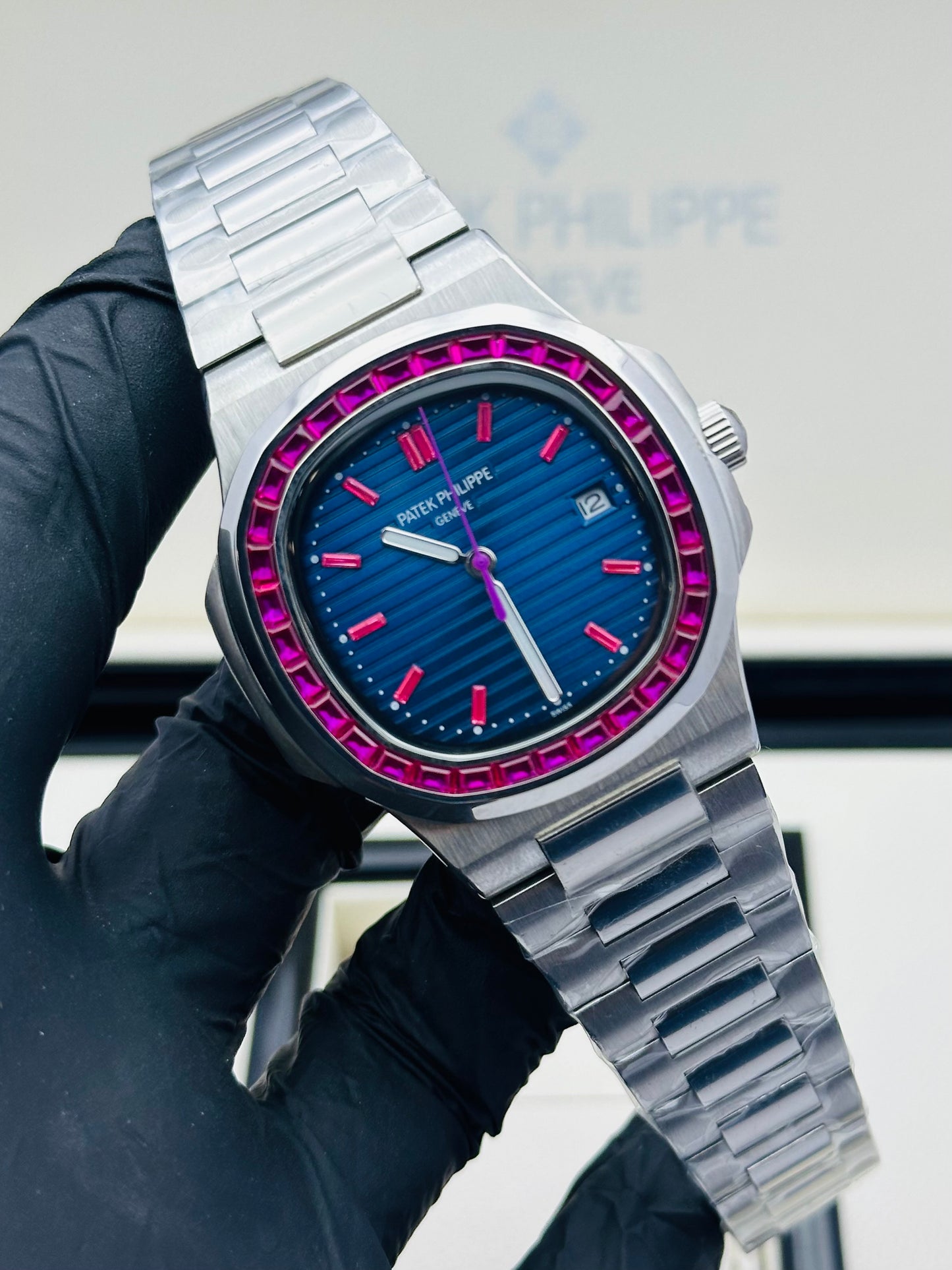 PATEK PHILLIPE RUBY STONES MODEL IN SILVER CHAIN AUTOMATIC