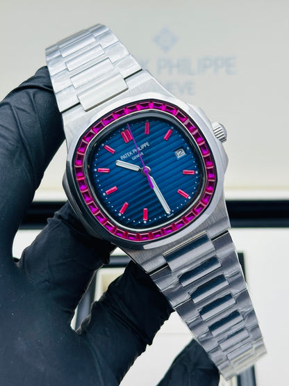 PATEK PHILLIPE RUBY STONES MODEL IN SILVER CHAIN AUTOMATIC