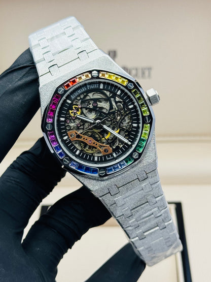AP SKELETON RAINBOW STONES IN SILVER FROSTED CHAIN AUTOMATIC
