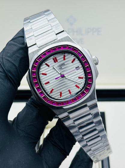 PATEK PHILLIPE RUBY STONES MODEL IN SILVER CHAIN AUTOMATIC